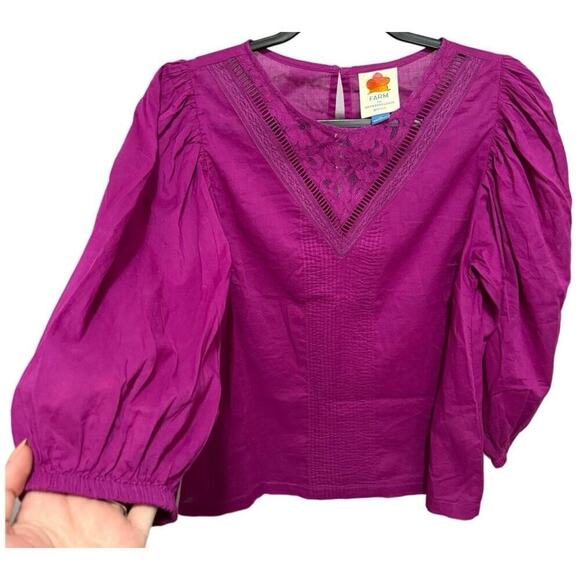 Farm Rio Kelsie Blouse Peasant Puff Sleeves Lace Detail Pullover Purple Size XS - Picture 4 of 10